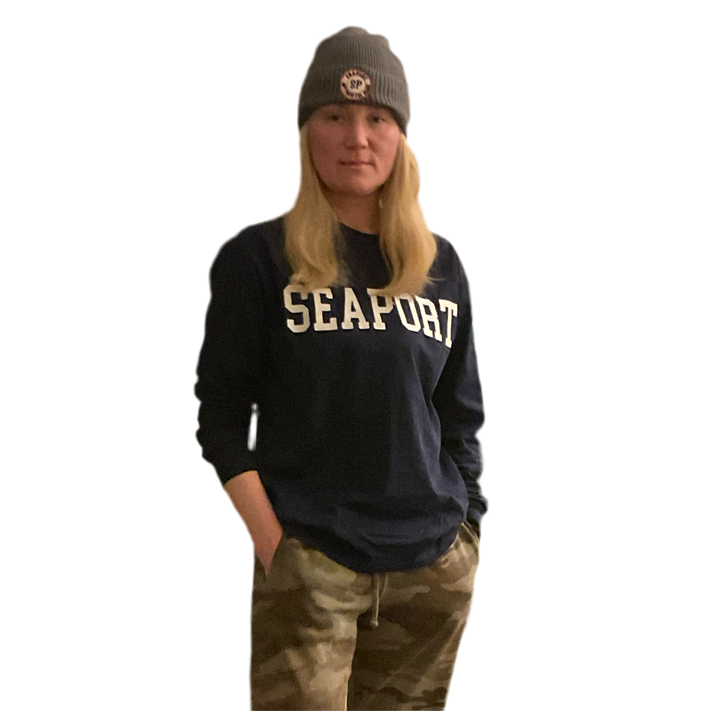 Seaport Navy blue long sleeve t-shirt with gray beanie