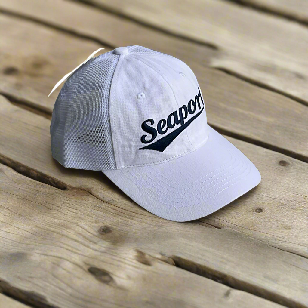White Vintage Cotton Mesh Hat with Navy Blue Team Logo Seaport SEAPORT