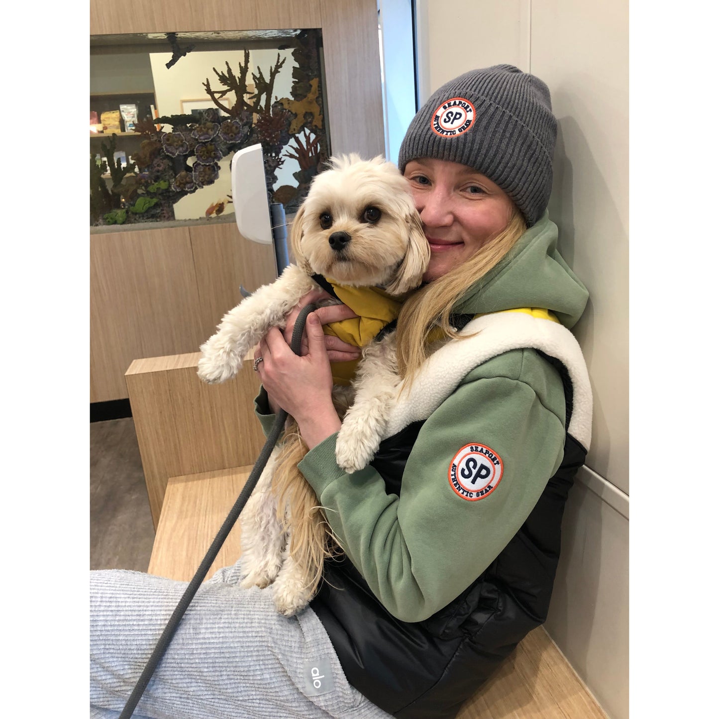 Seaport green hoodie and gray beanie