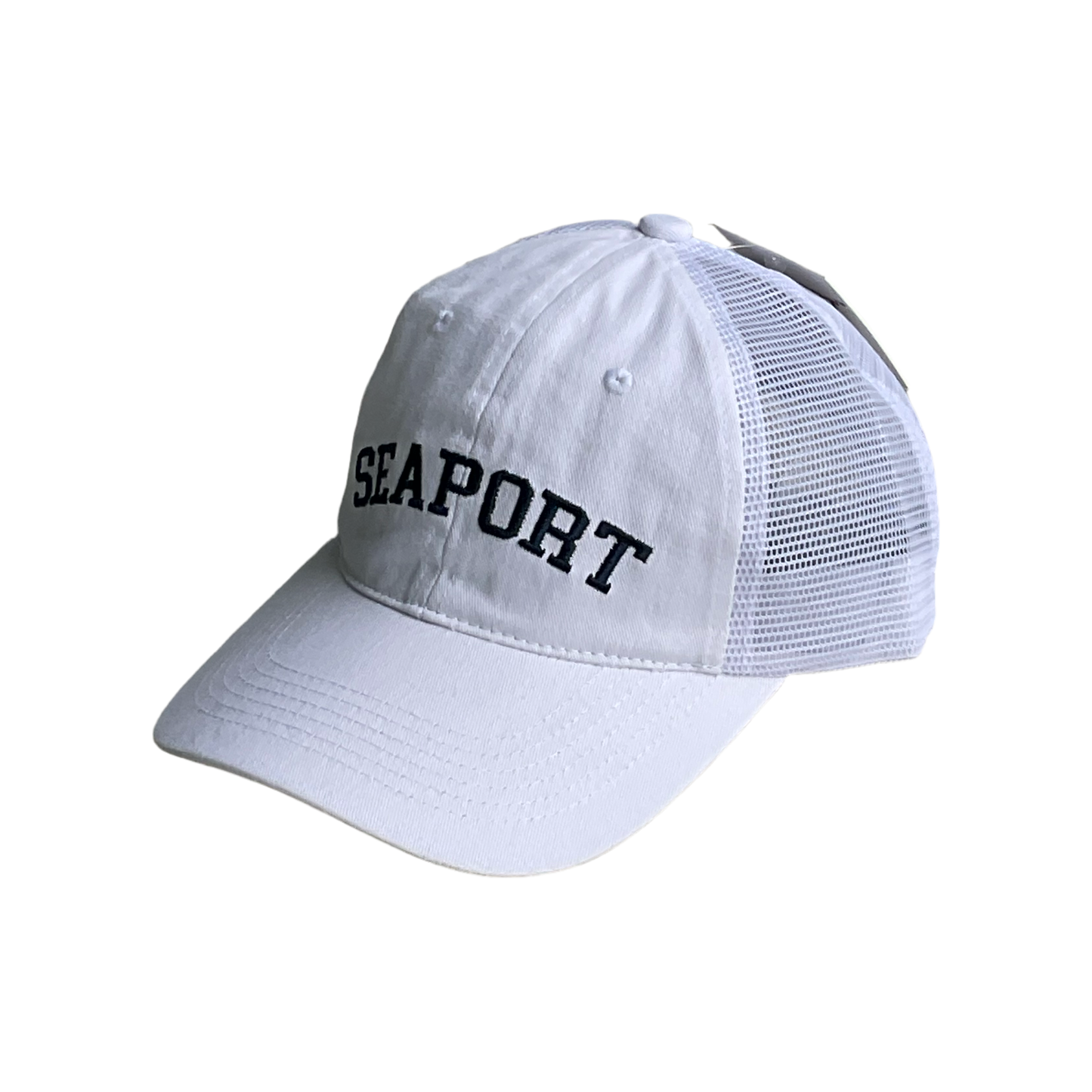 White Vintage Cotton Mesh Hat with Navy Blue Logo