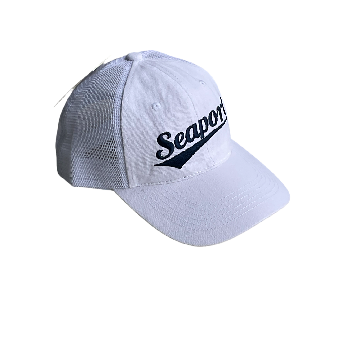 White Vintage Cotton Mesh Hat with Navy Blue Team Logo