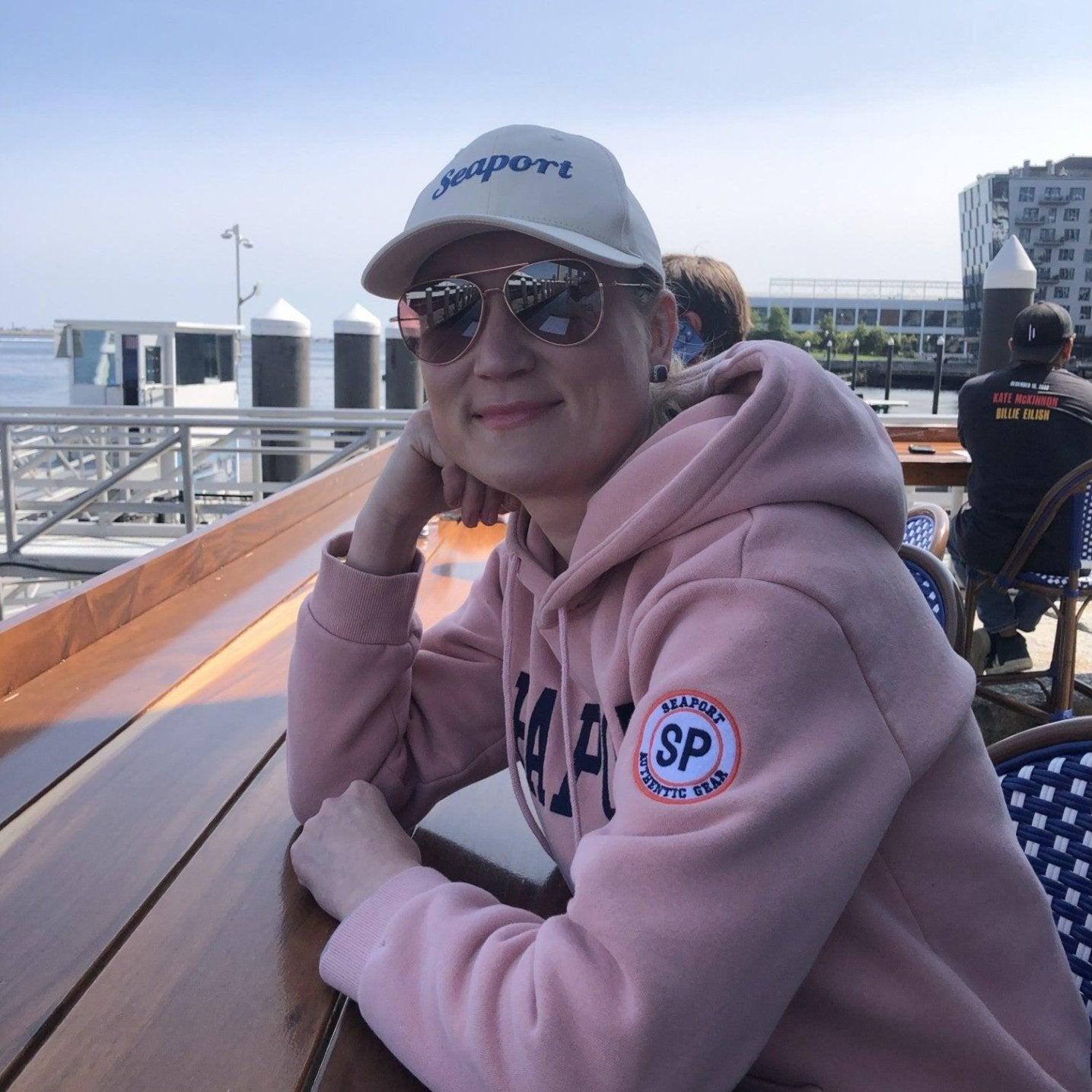 Seaport Pink Heavyweight Embroidered Hoodie Sweatshirt on Female Model