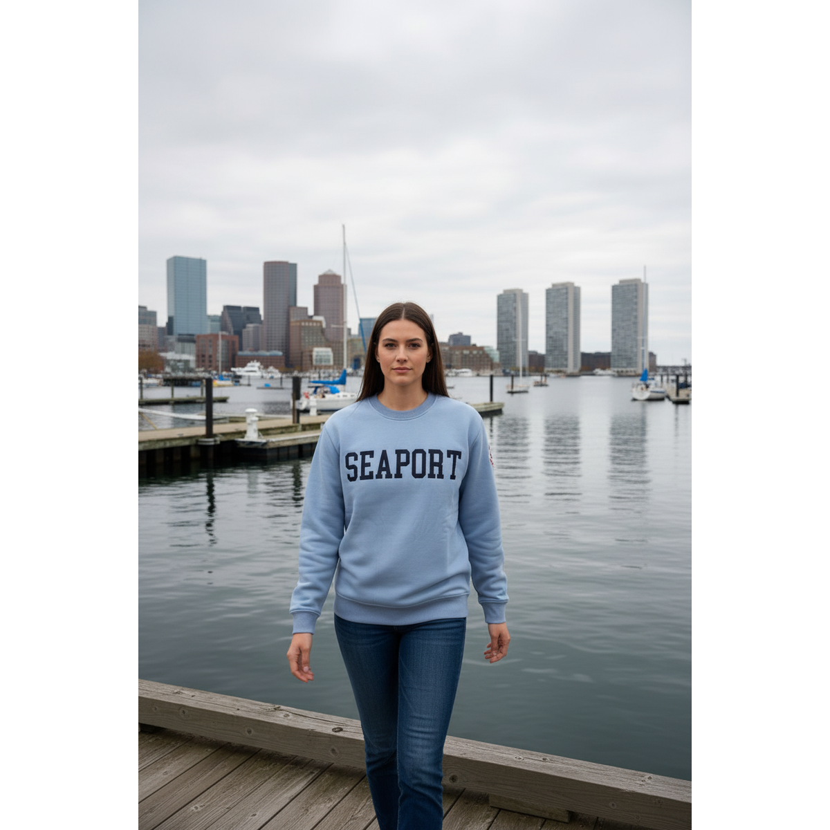 Woman wearing seaport light blue heavyweight crewneck