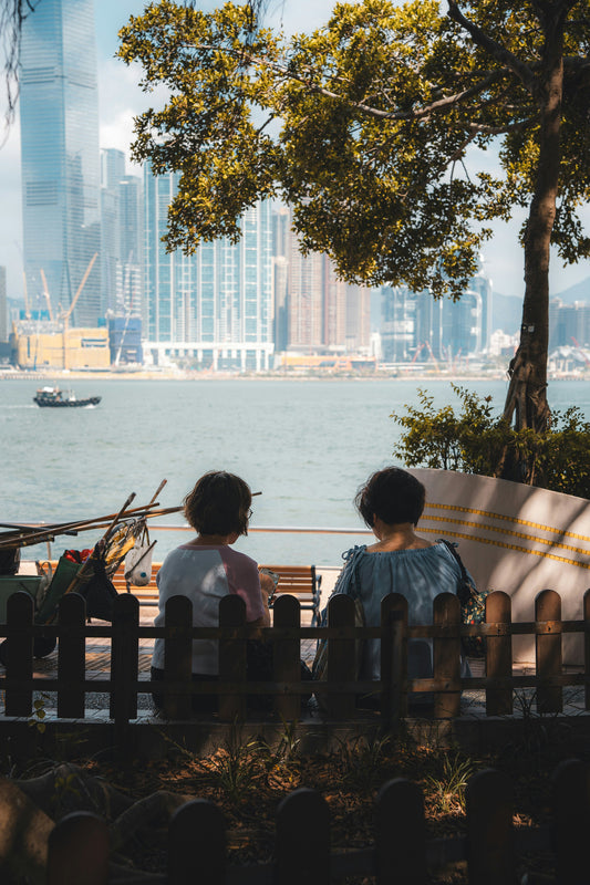 People on a bench enjoying the city harbor