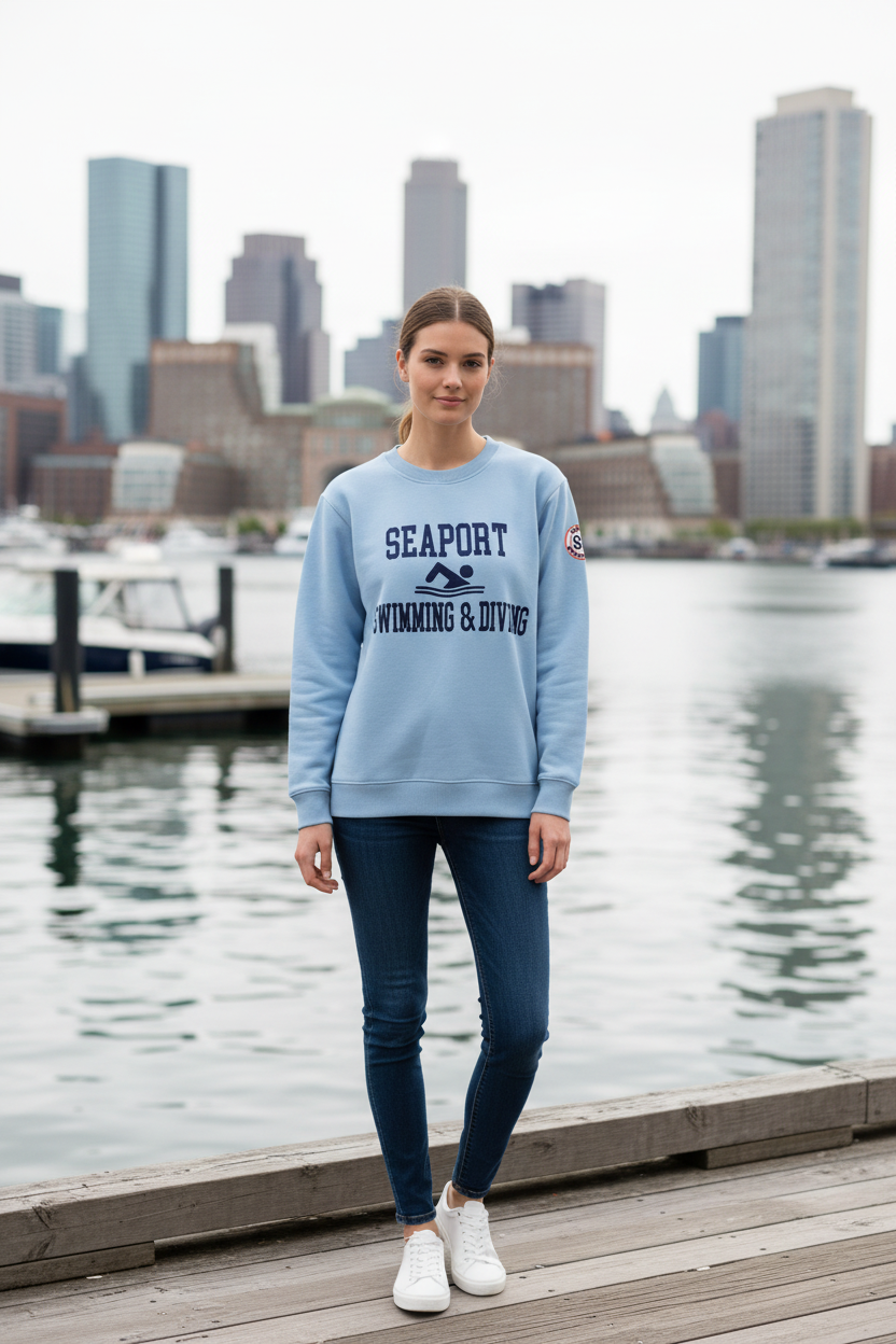 Woman in Boston wearing seaport swimming & diving sweatshirt