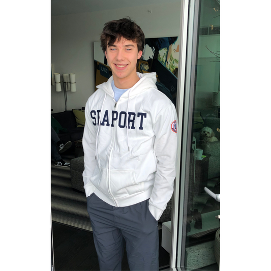 Man in white zip hoodie