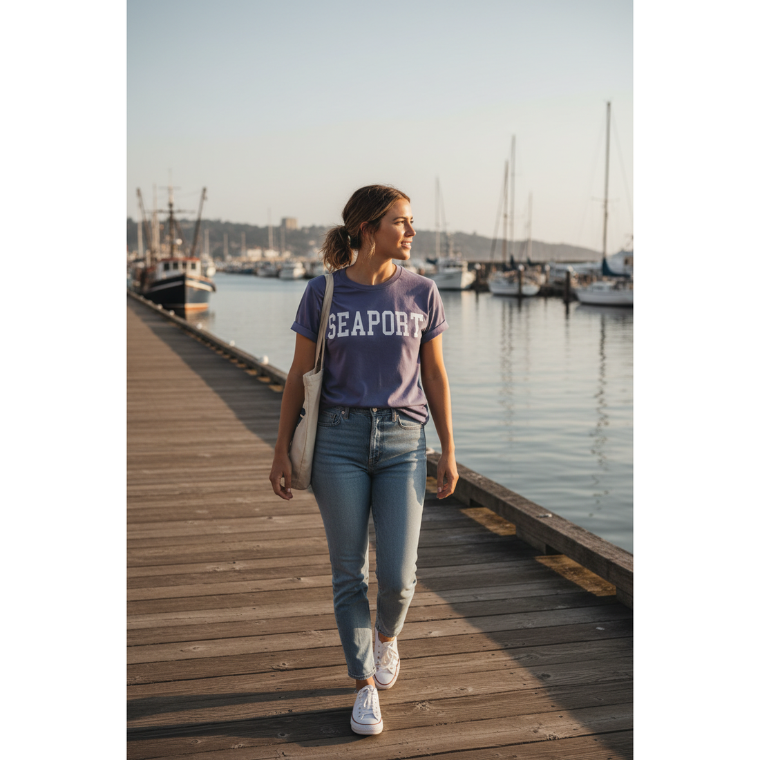 Woman walking in purple heavyweight t-shirt