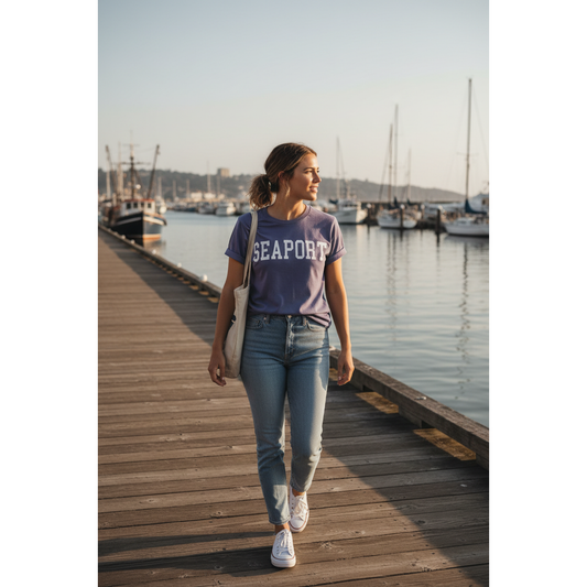 Woman walking in purple heavyweight t-shirt