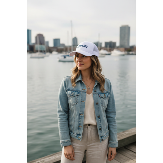 White on White Mesh Hat with Royal Blue Logo