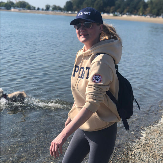 Seaport Cream Heavyweight Embroidered Hoodie Sweatshirt Model Photo