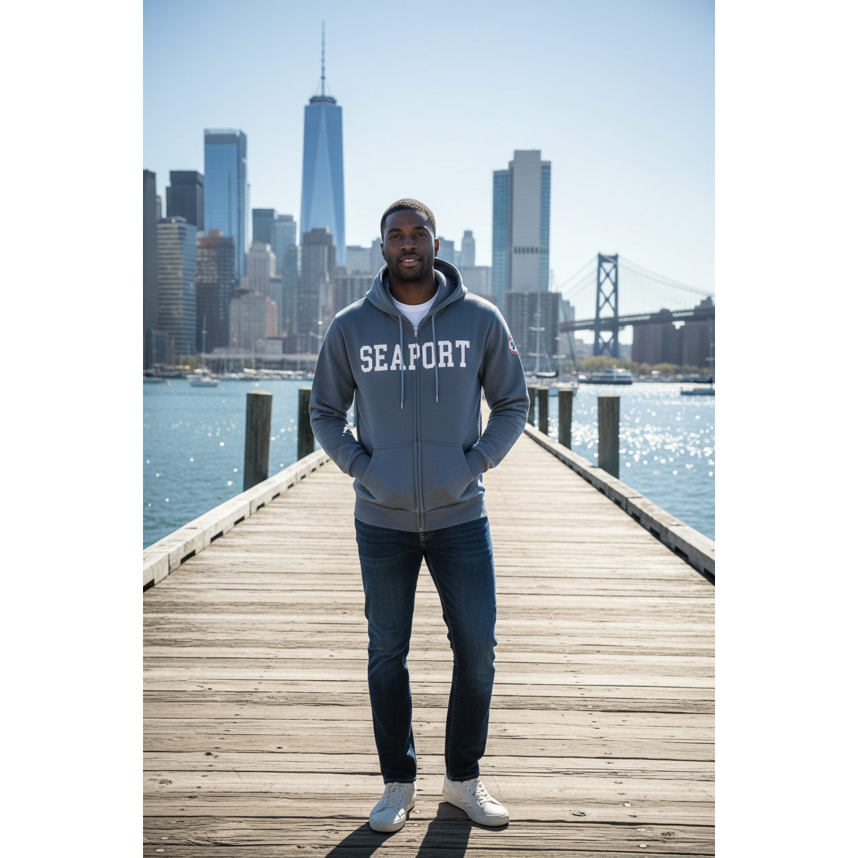 Man wearing Blue hoodie with 'Seaport' text and a patch on a city pier