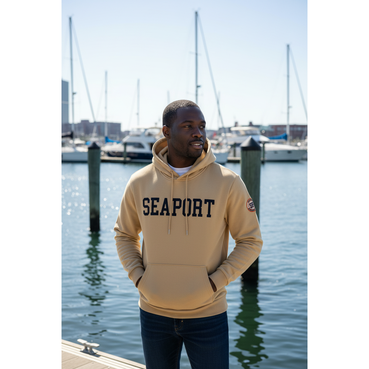 Man on marina wearing Cream-colored pullover hoodie with 'SEAPORT' text embroidered on the chest and a logo patch on the left shoulder