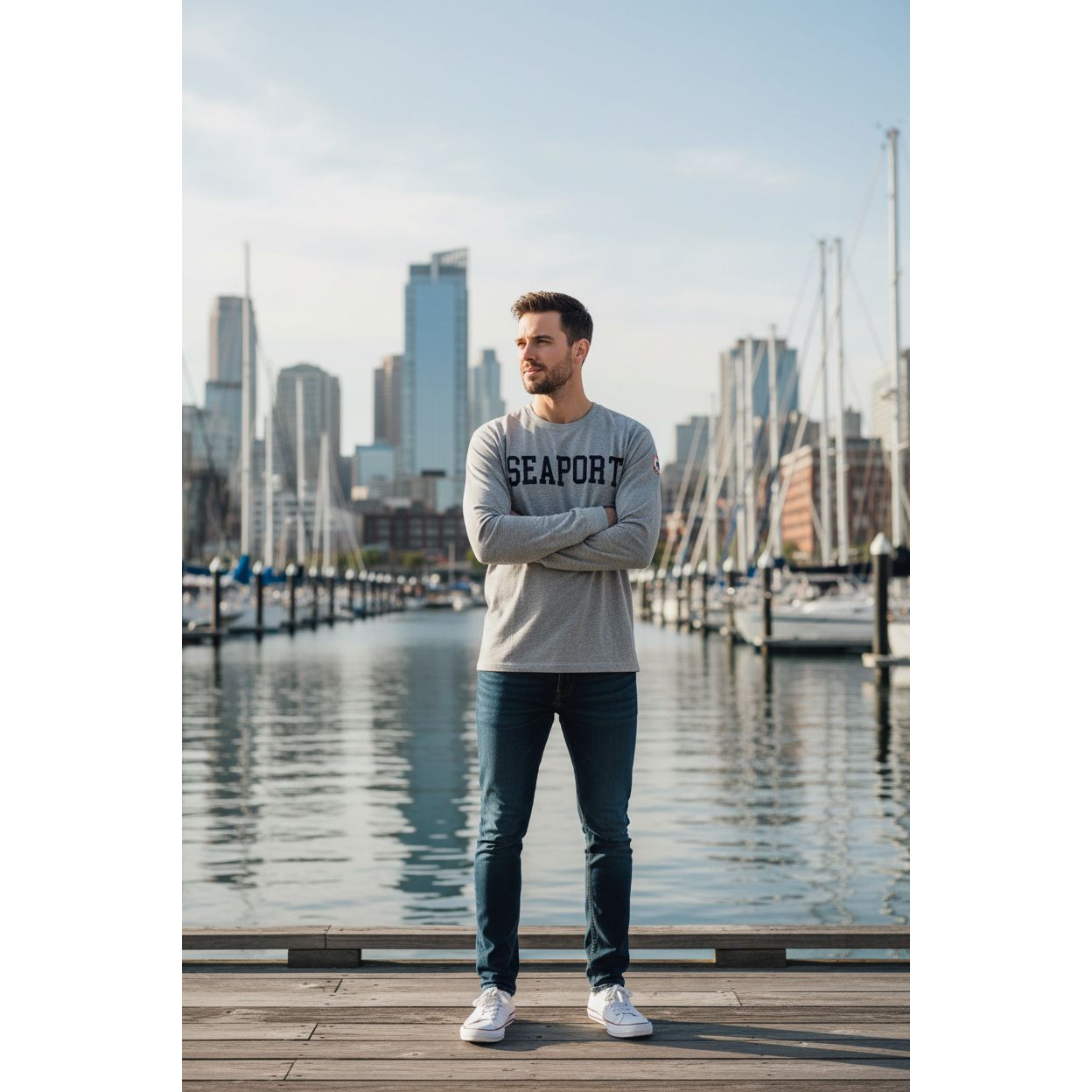 Man standing on city marina in gray long sleeve seaport t-shirt