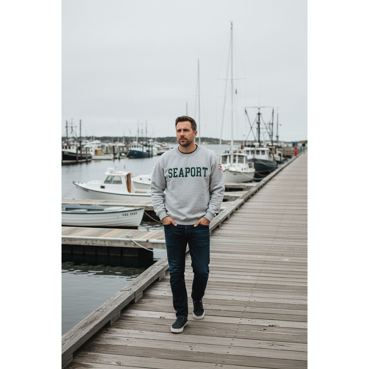 Man walking on Harbor in Gray sweatshirt with 'SEAPORT' text on it
