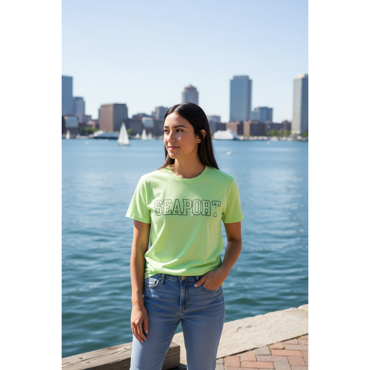 Woman on waterfront inLight green t-shirt with 'SEAPORT' text 