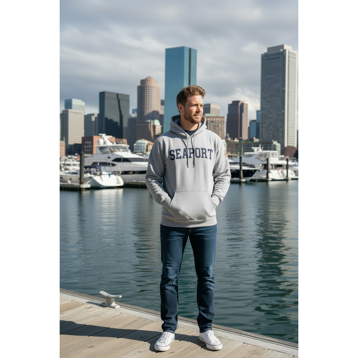 Man on boston harbor wearing a gray hoodie sweatshirt with 'SEAPORT' embroidered on the front