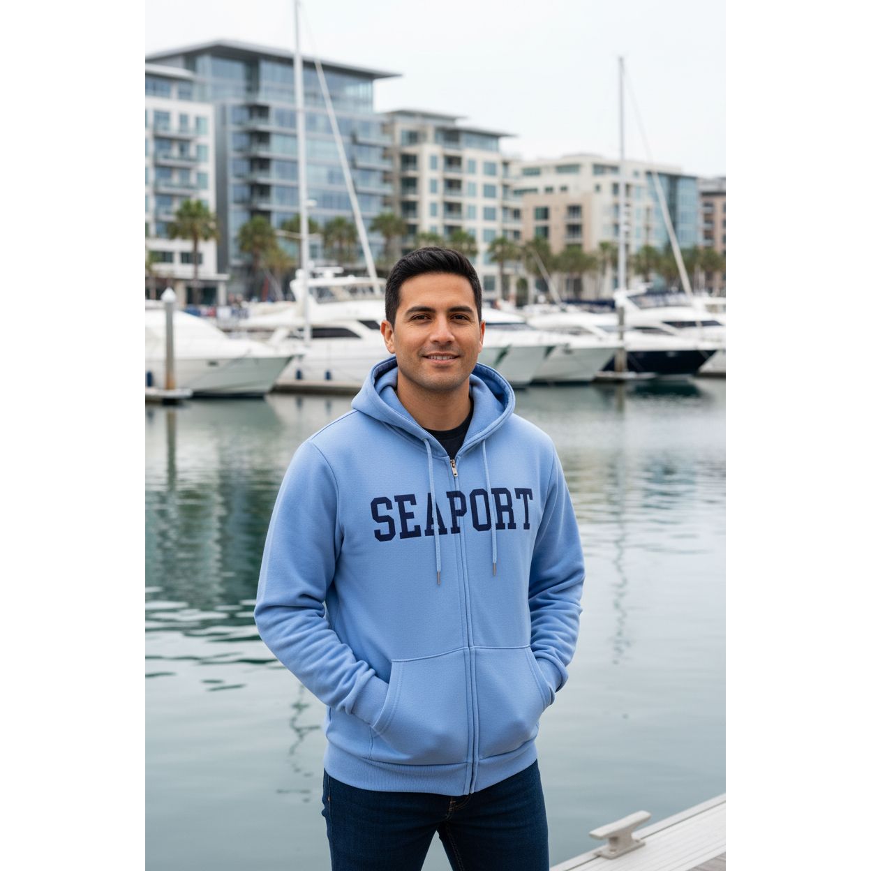 Man wearing Indigo blue hoodie with 'Seaport' text at boating marina