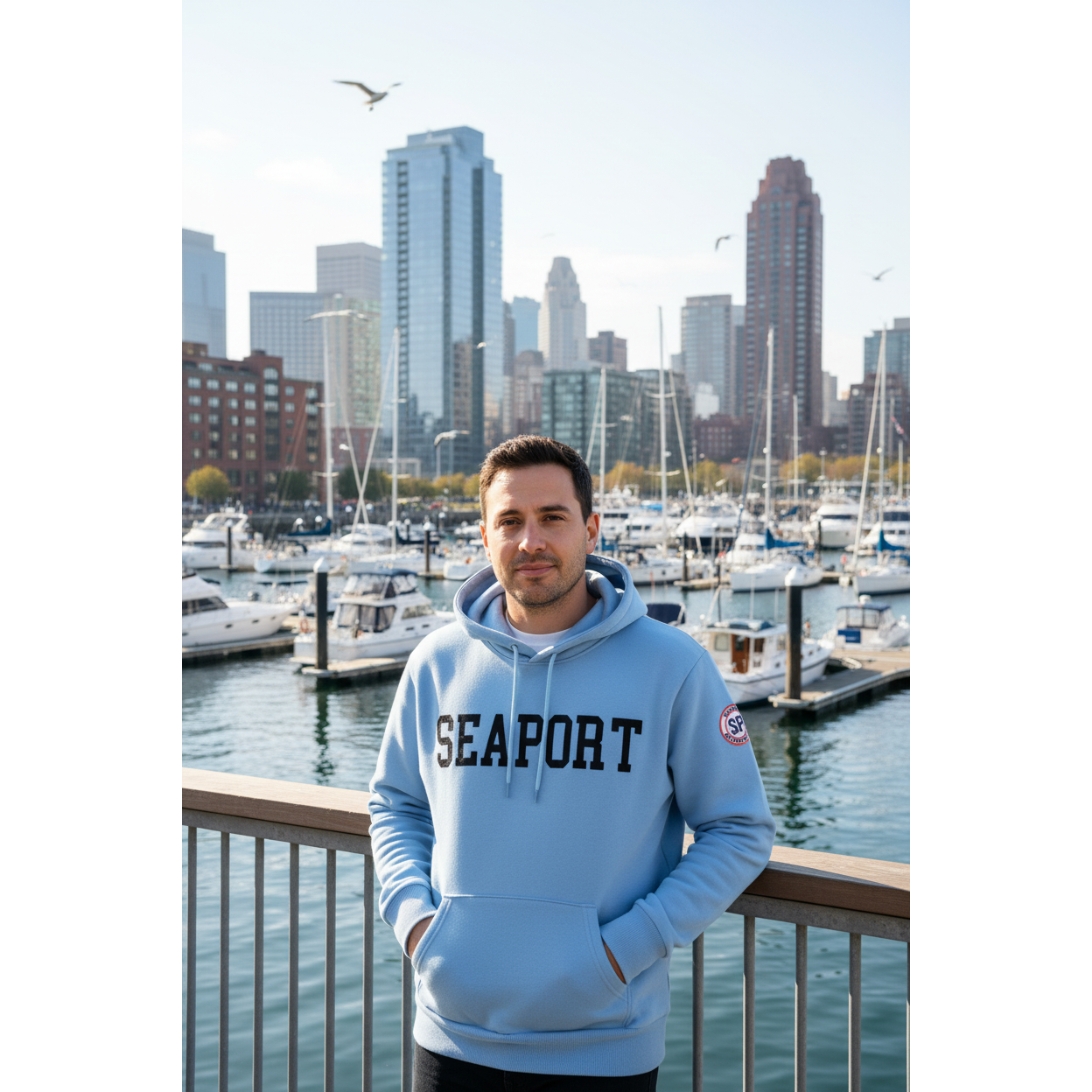 Man at city pier wearing Light blue hoodie with 'Seaport' text and logo