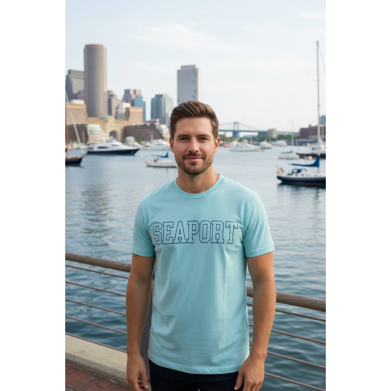 Man wearing Light blue t-shirt with 'SEAPORT' text on Boston Harbor