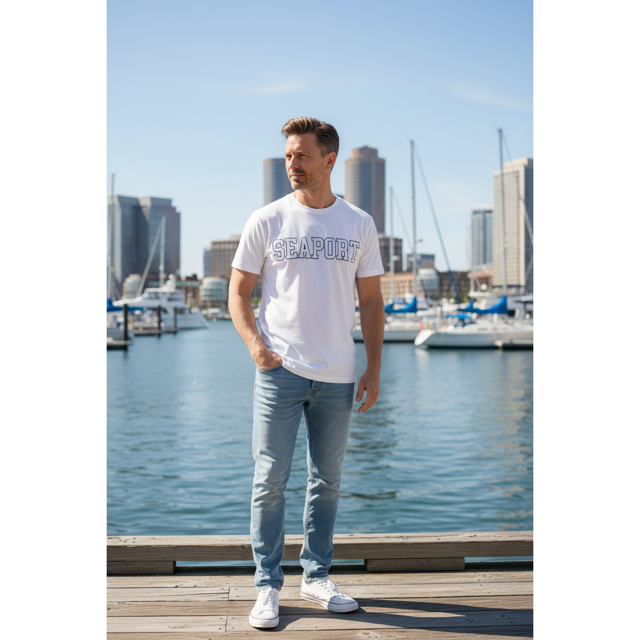 Man on boston harbor wearing white t-shirt with 'SEAPORT' text 