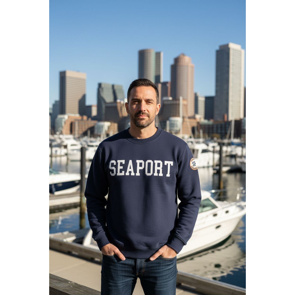 Man wearing a navy sweatshirt with 'SEAPORT' text, standing in front of a city skyline with boats.