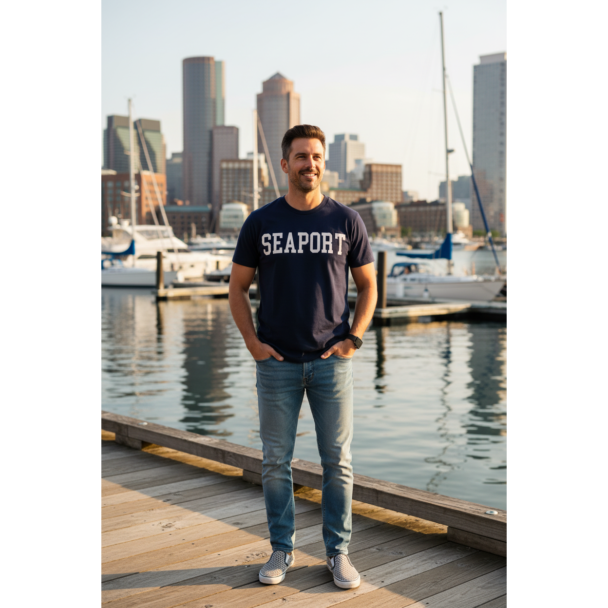Man on Boston Harbor wearing Navy blue short-sleeve T-shirt with the text 'SEAPORT' embroidered on the front