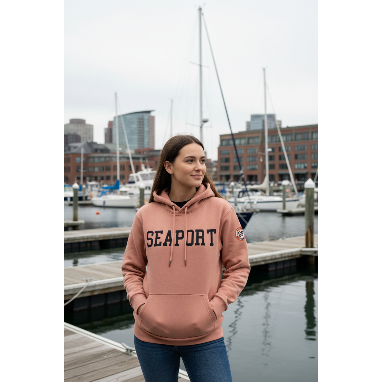 Woman wearing pink-coral colored heavyweight pullover hoodie with embroidered 'SEAPORT' branding on the front and a patch on the left shoulder