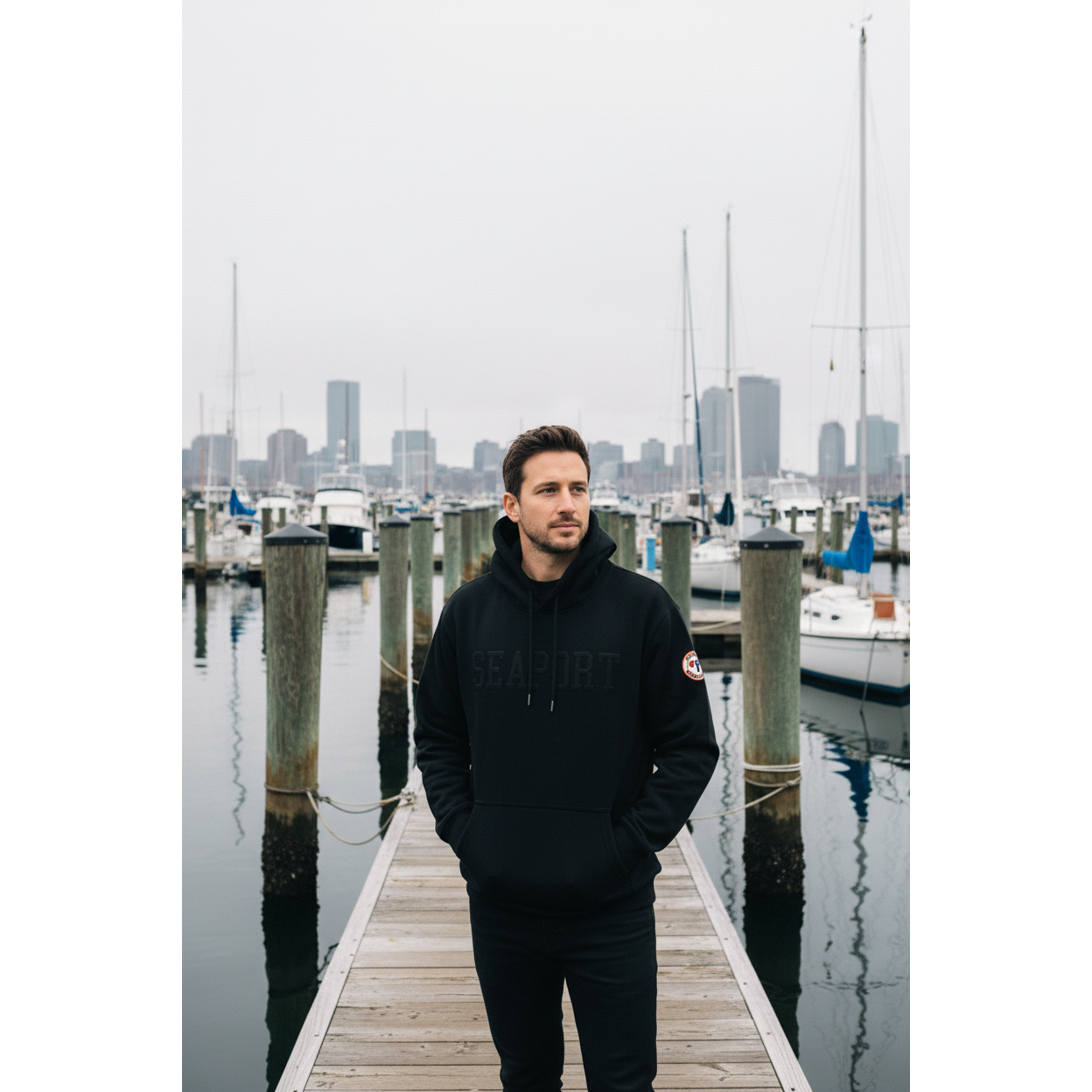 Man at waterfront wearing  Black hoodie with 'Seaport' text 