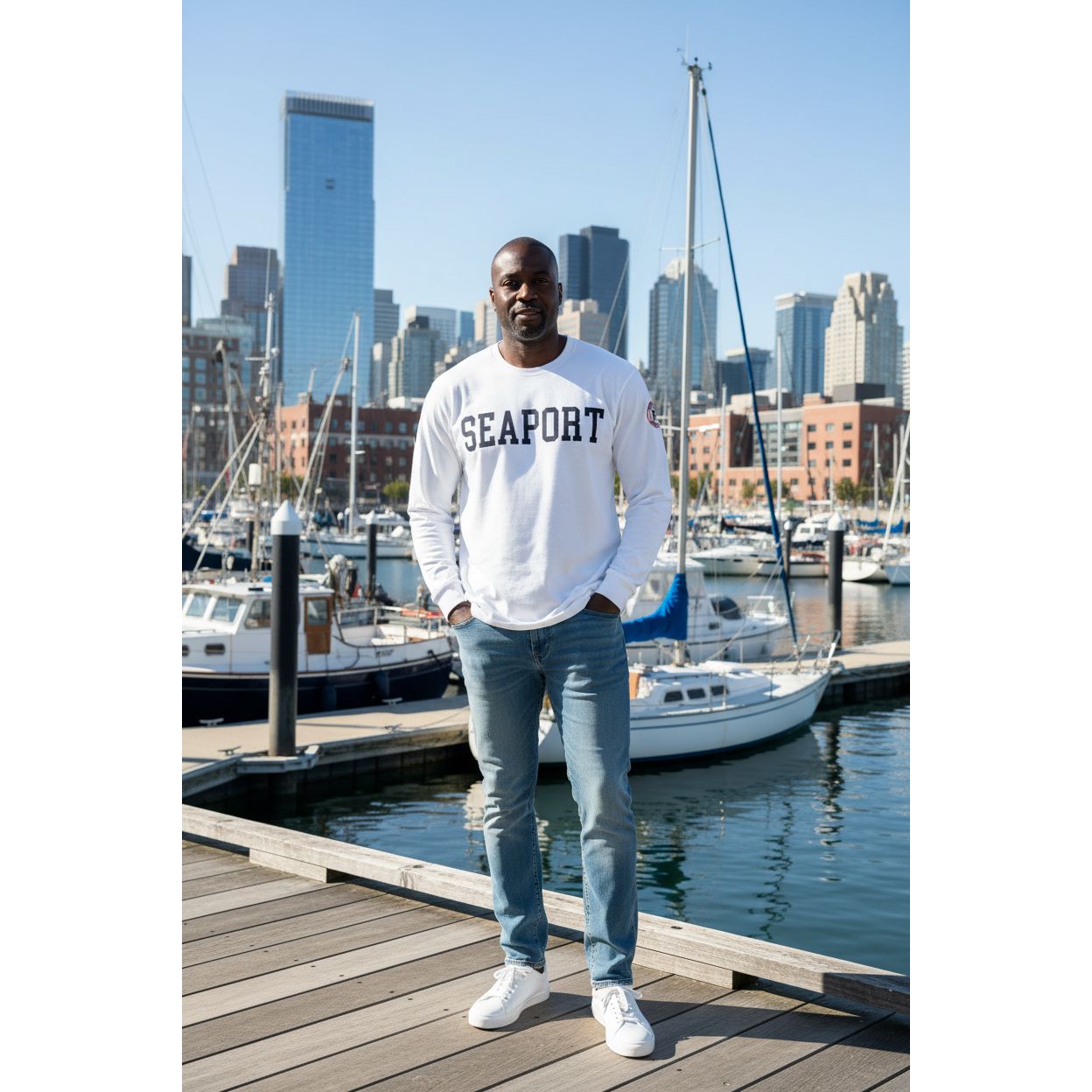 A man at marina wearing white long sleeve heavyweight t-shirt with 'SEAPORT' embroidered on the front.