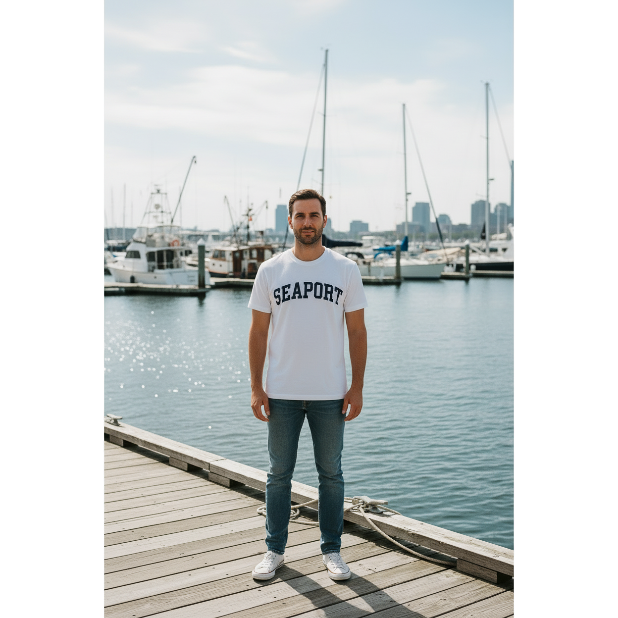 Man on Boston Harbor wearing white short-sleeve t-shirt with 'SEAPORT' embroidered in blue on the front.